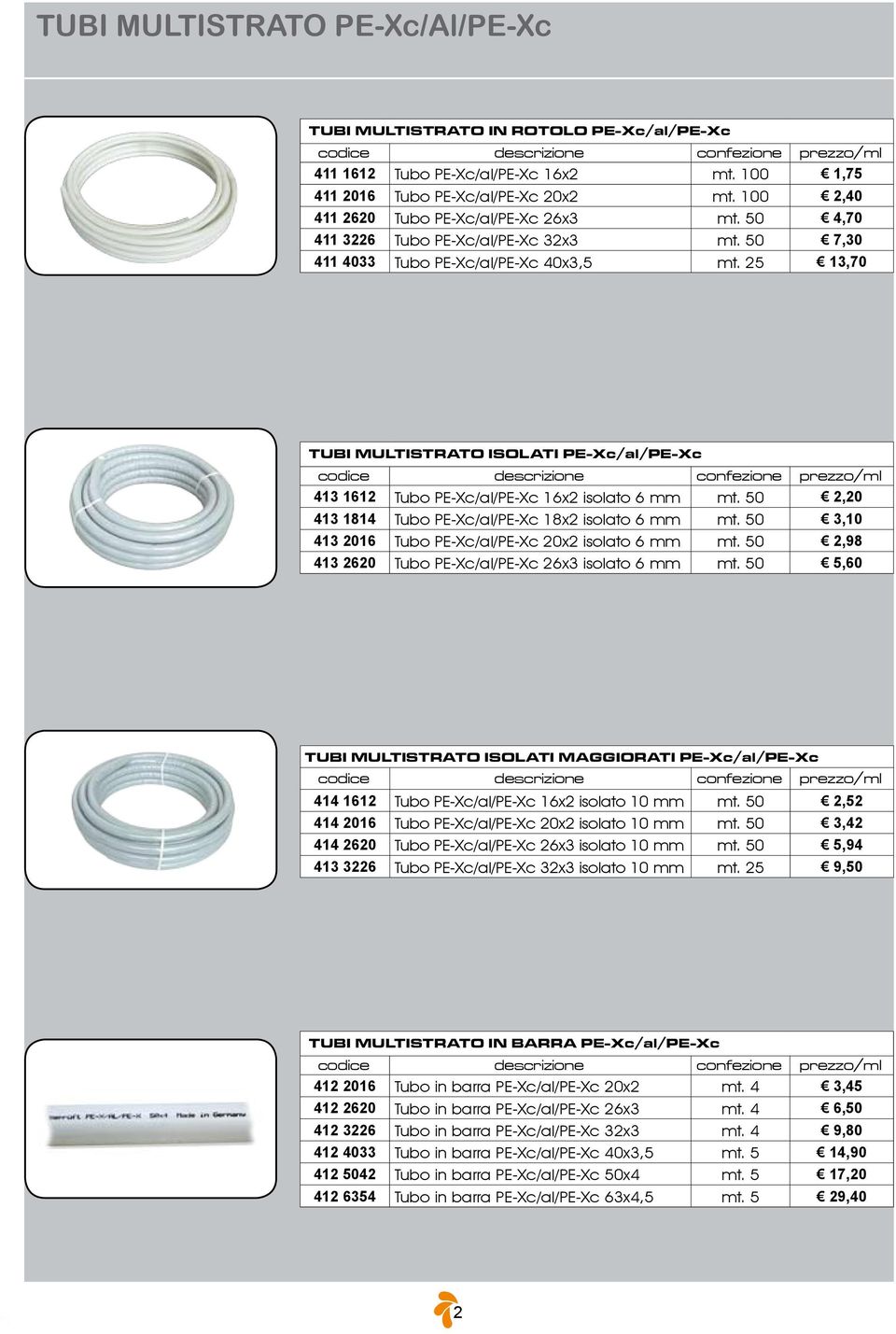 25 13,70 TUBI MULTISTRATO ISOLATI PE-Xc/al/PE-Xc codice descrizione confezione prezzo/ml 413 1612 Tubo PE-Xc/al/PE-Xc 16x2 isolato 6 mm mt. 50 2,20 413 1814 Tubo PE-Xc/al/PE-Xc 18x2 isolato 6 mm mt.