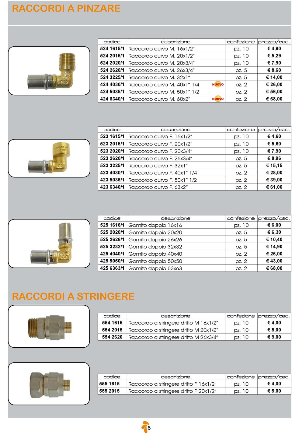 60x2 pz. 2 68,00 523 1615/1 Raccordo curvo F. 16x1/2 pz. 10 4,60 523 2015/1 Raccordo curvo F. 20x1/2 pz. 10 5,60 523 2020/1 Raccordo curvo F. 20x3/4 pz. 10 7,90 523 2620/1 Raccordo curvo F. 26x3/4 pz.