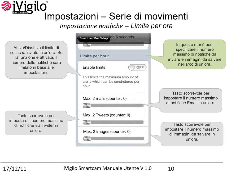 In questo menù puoi specificare il numero massimo di notifiche da inviare e immagini da salvare nell'arco di un'ora.