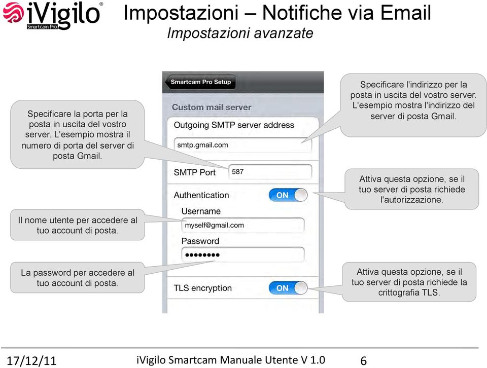 L'esempio mostra l'indirizzo del server di posta Gmail. Attiva questa opzione, se il tuo server di posta richiede l'autorizzazione.