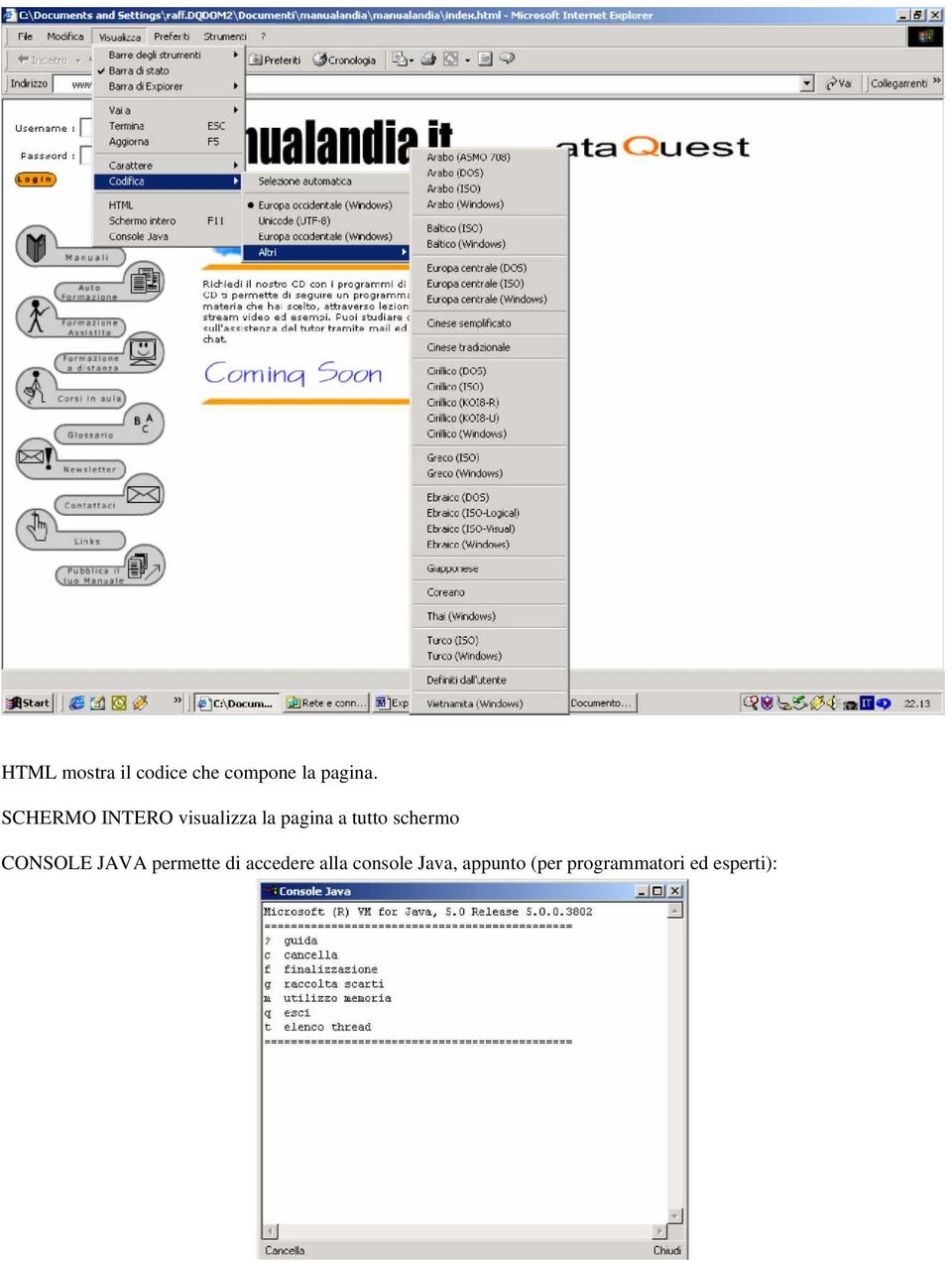 schermo CONSOLE JAVA permette di accedere alla