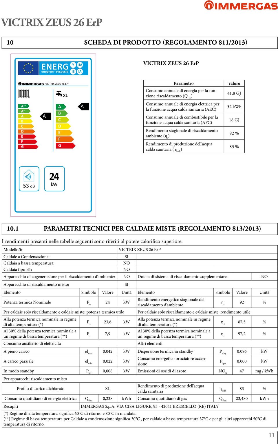 di riscaldamento ambiente (η s ) Rendimento di produzione dell acqua calda sanitaria ( η wh ) 52 kwh 18 GJ 92 % 83 % 53 db 24 kw 10.