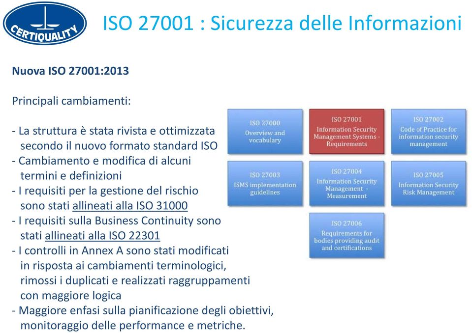 sulla Business Continuity sono stati allineati alla ISO 22301 I controlli in Annex A sono stati modificati in risposta ai cambiamenti terminologici,