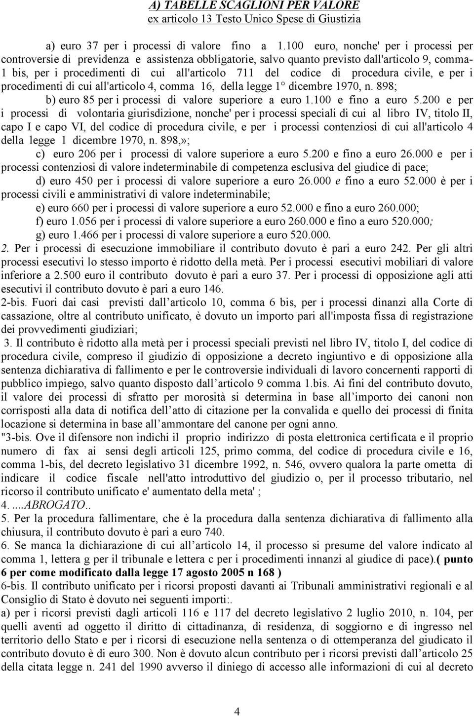 di procedura civile, e per i procedimenti di cui all'articolo 4, comma 16, della legge 1 dicembre 1970, n. 898; b) euro 85 per i processi di valore superiore a euro 1.100 e fino a euro 5.