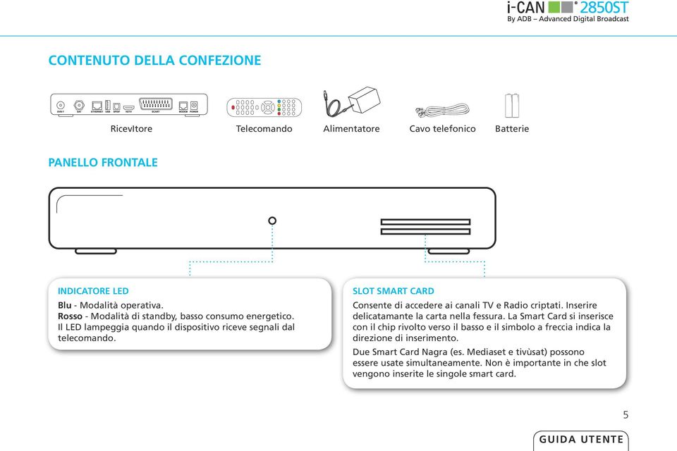 SLOT SMART CARD Consente di accedere ai canali TV e Radio criptati. Inserire delicatamante la carta nella fessura.