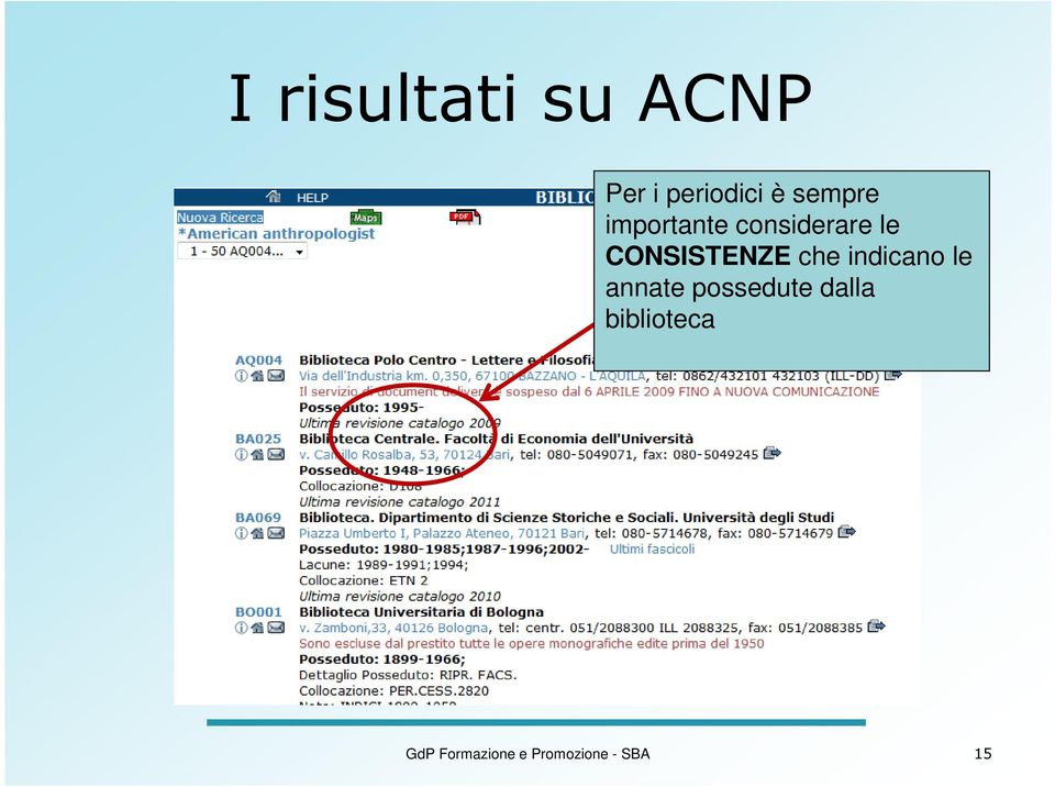 CONSISTENZE che indicano le annate