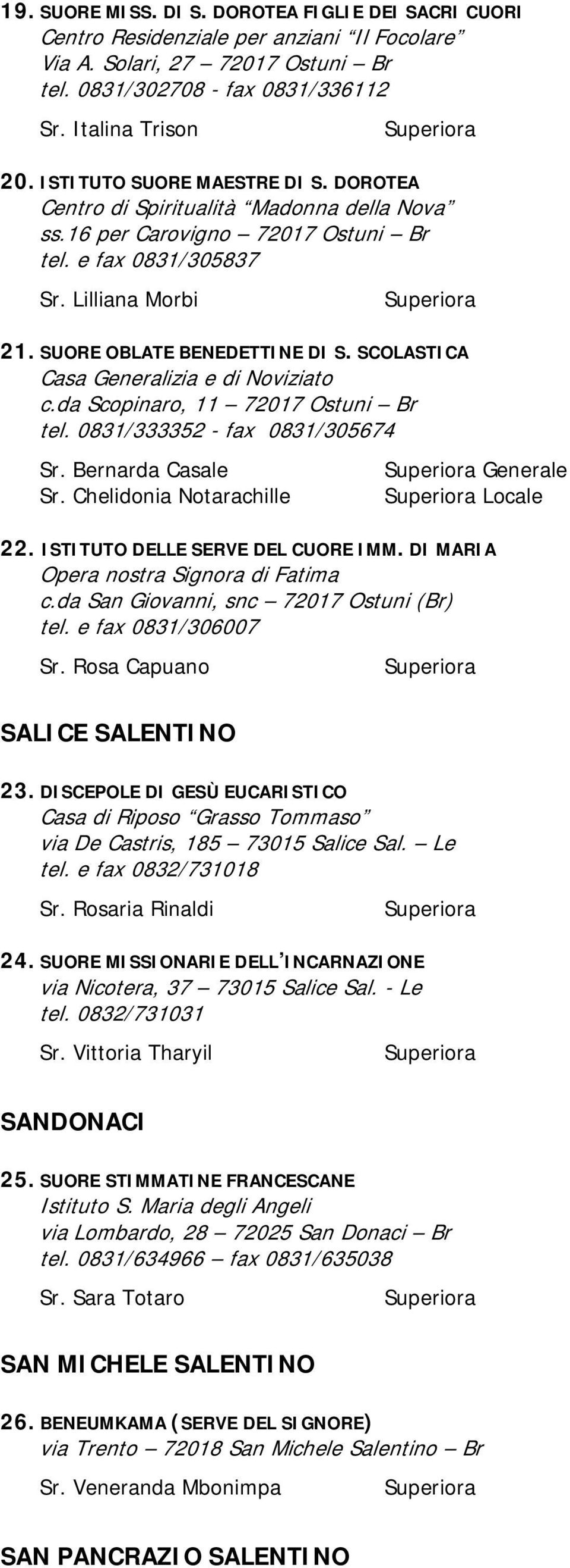 SCOLASTICA Casa Generalizia e di Noviziato c.da Scopinaro, 11 72017 Ostuni Br tel. 0831/333352 - fax 0831/305674 Sr. Bernarda Casale Sr. Chelidonia Notarachille Generale Locale 22.