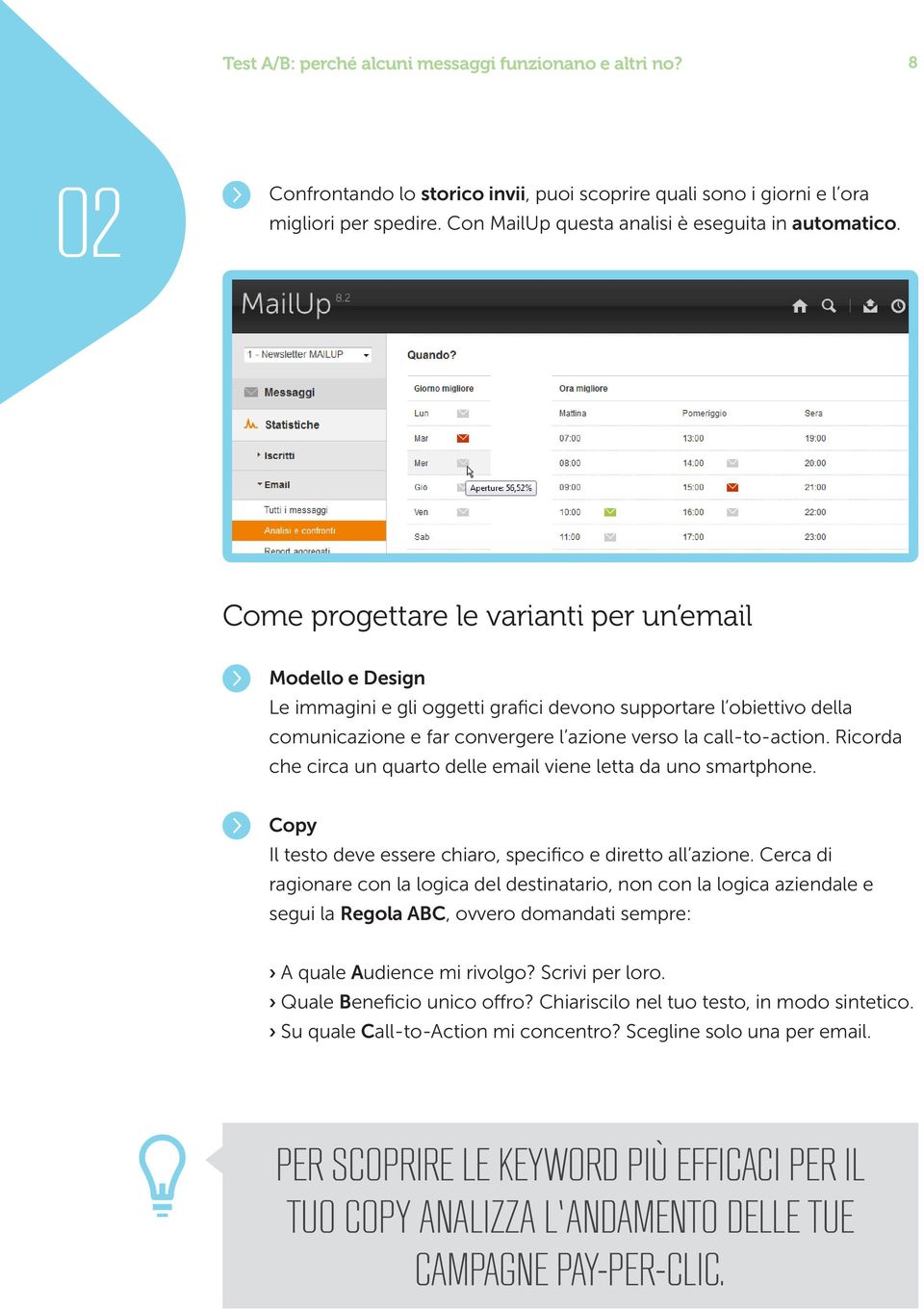 Ricorda che circa un quarto delle email viene letta da uno smartphone. Copy Il testo deve essere chiaro, specifico e diretto all azione.