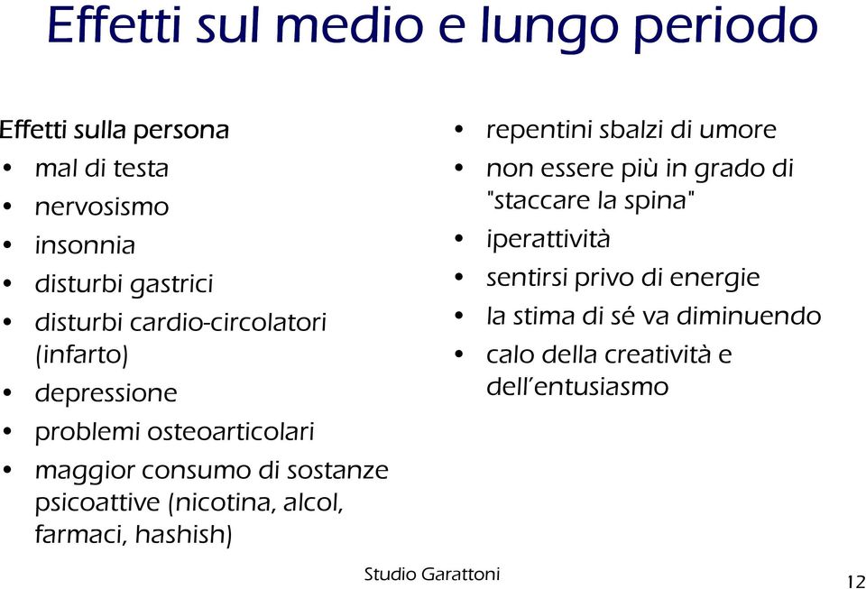 psicoattive (nicotina, alcol, farmaci, hashish) repentini sbalzi di umore non essere più in grado di "staccare