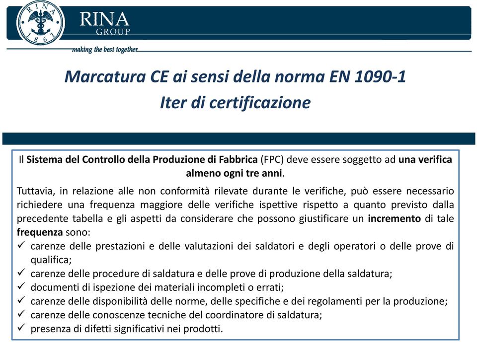 tabella e gli aspetti da considerare che possono giustificare un incremento di tale frequenza sono: carenze delle prestazioni e delle valutazioni dei saldatori e degli operatori o delle prove di