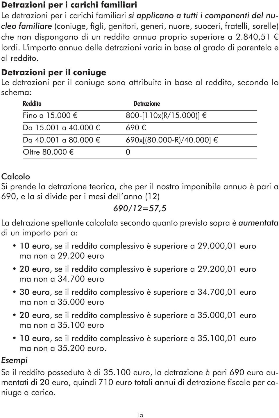 Detrazioni per il coniuge Le detrazioni per il coniuge sono attribuite in base al reddito, secondo lo schema: Reddito Detrazione Fino a 15.000 800-[110x(R/15.000)] Da 15.001 a 40.000 690 Da 40.