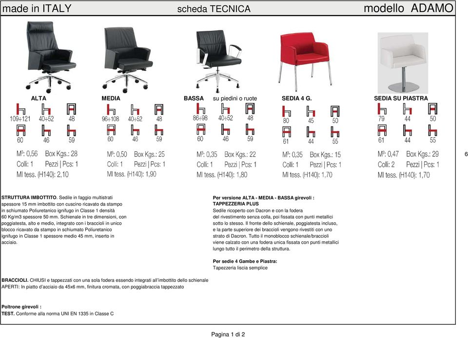 densità Sedile ricoperto con Dacron e con la fodera 60 Kg/m3 spessore 50 mm.