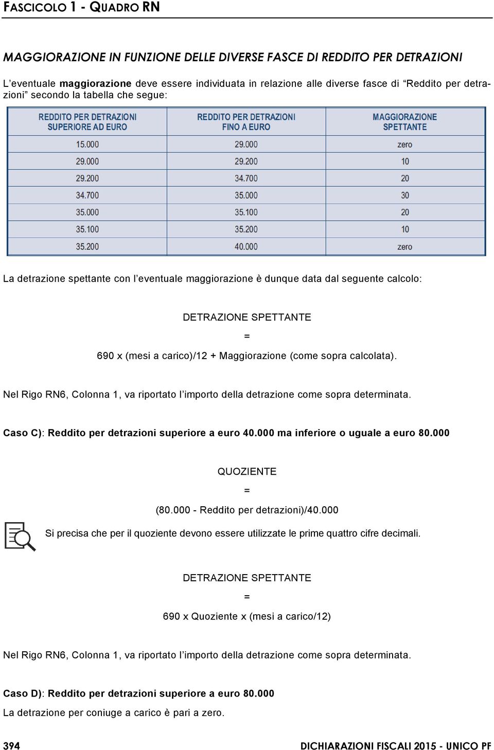 Nel Rigo RN6, Colonna 1, va riportato l importo della detrazione come sopra determinata. Caso C): Reddito per detrazioni superiore a euro 40.000 ma inferiore o uguale a euro 80.000 QUOZIENTE = (80.