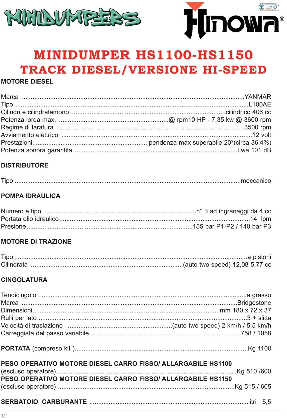 ..lwa 101 db DISTRIBUTORE Tipo...meccanico POMPA IDRAULICA Numero e tipo...n 3 ad ingranaggi da 4 cc Portata olio idraulico...14 lpm Presione...155 bar P1-P2 / 140 bar P3 MOTORE DI TRAZIONE Tipo.