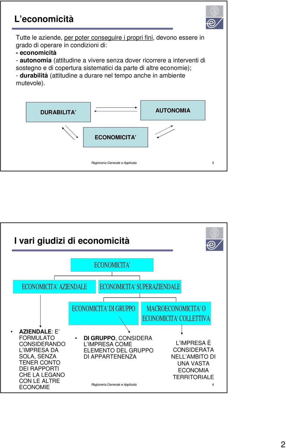 DURABILITA AUTONOMIA ECONOMICITA Ragioneria Generale e Applicata 3 I vari giudizi di economicità ECONOMICITA' ECONOMICITA' AZIENDALE ECONOMICITA' SUPERAZIENDALE ECONOMICITA' DI GRUPPO