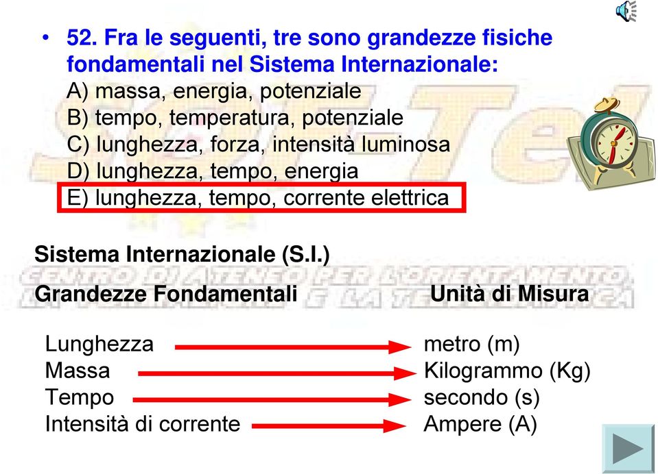 lunghezza, tempo, energia E) lunghezza, tempo, corrente elettrica Sistema In