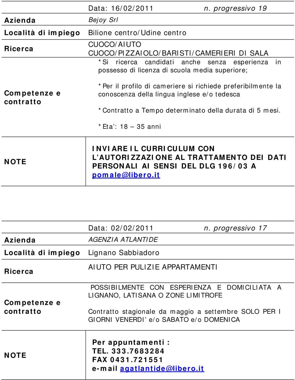 scuola media superiore; *Per il profilo di cameriere si richiede preferibilmente la conoscenza della lingua inglese e/o tedesca *Contratto a Tempo determinato della durata di 5 mesi.