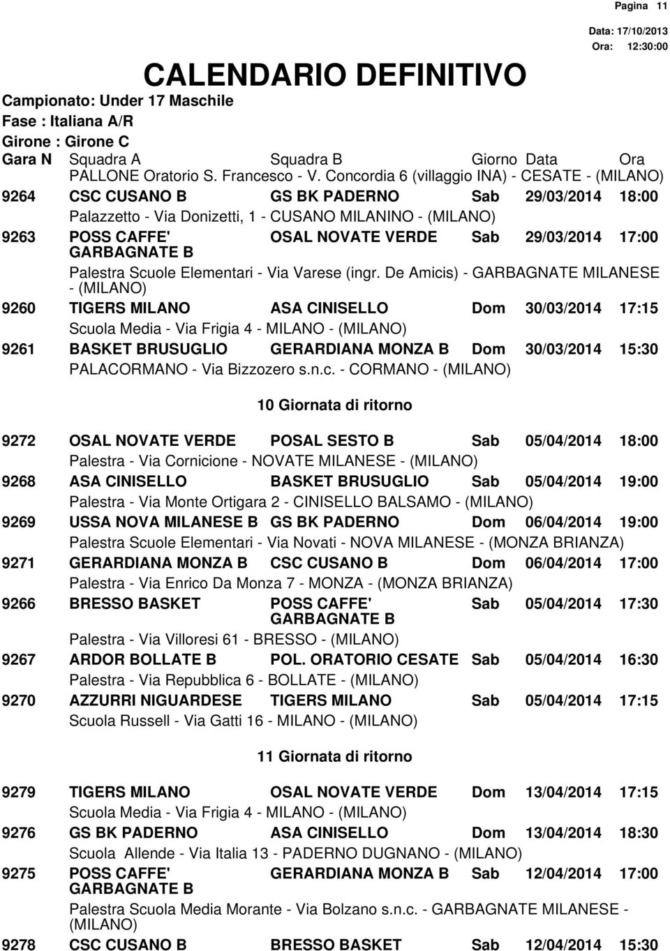 17:00-9260 TIGERS MILANO ASA CINISELLO Dom 30/03/2014 17:15 Scu