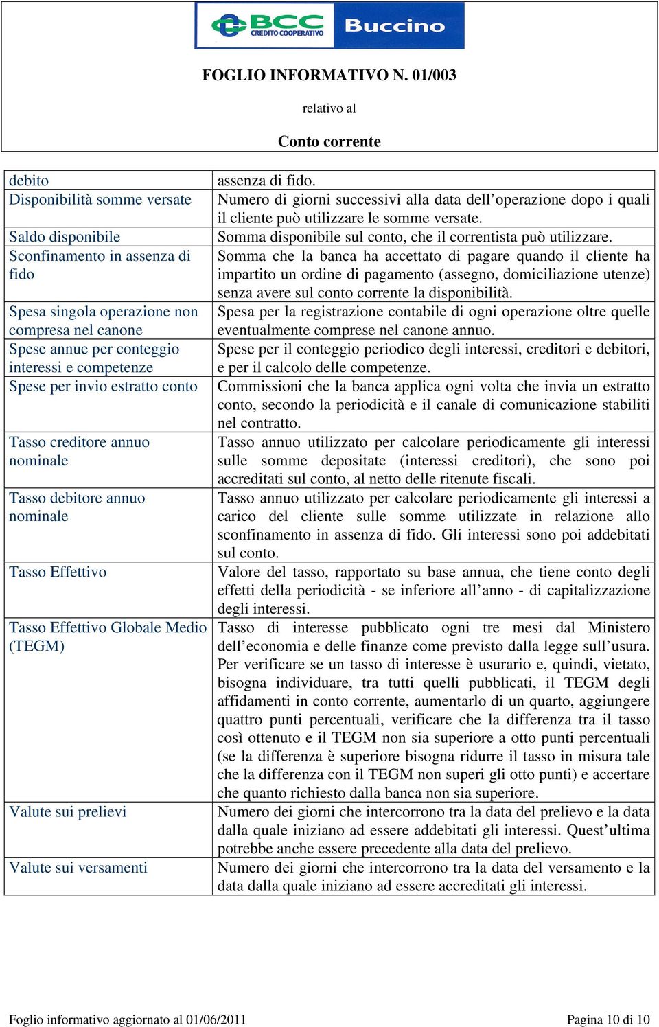 Numero di giorni successivi alla data dell operazione dopo i quali il cliente può utilizzare le somme versate. Somma disponibile sul conto, che il correntista può utilizzare.