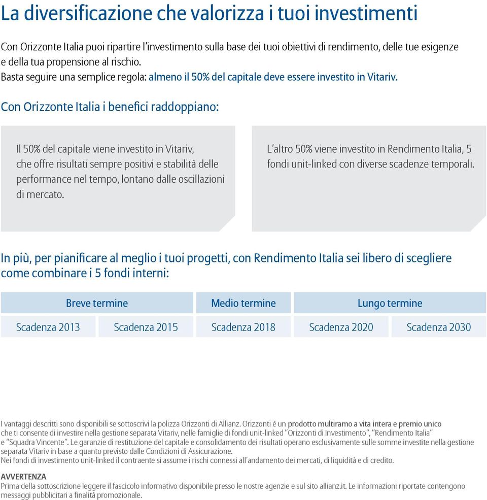 Con Orizzonte Italia i benefici raddoppiano: Il 50% del capitale viene investito in Vitariv, che offre risultati sempre positivi e stabilità delle performance nel tempo, lontano dalle oscillazioni di