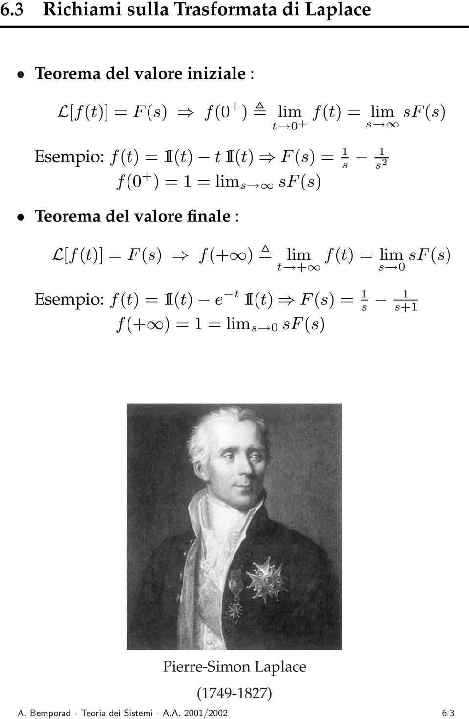 valore finale : L[f(t)] = F (s) f(+ ) lim f(t) = lim sf (s) t + s Esempio: f(t) =I(t) e t I(t) F (s) =