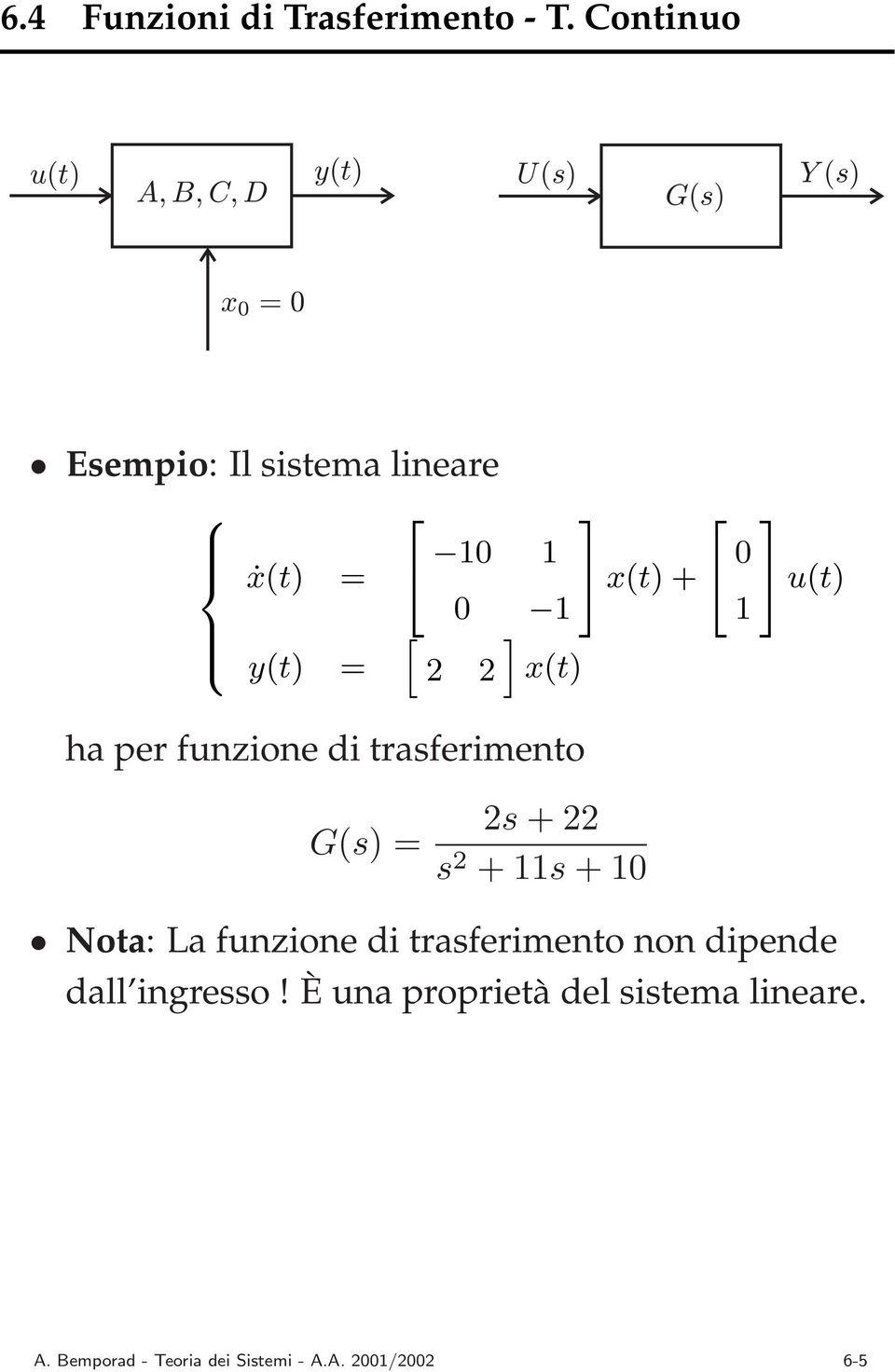 y(t) = 2 2 x(t) ha per funzione di trasferimento ¾ x(t)+ u(t) G(s) = 2s +22 s 2 +s +