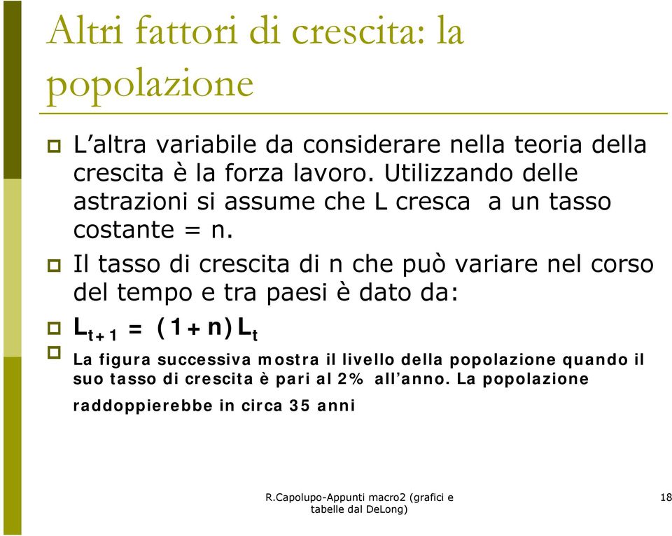 Il tasso di crescita di n che può variare nel corso del tempo e tra paesi è dato da: L t+1 = (1+n)L t La figura