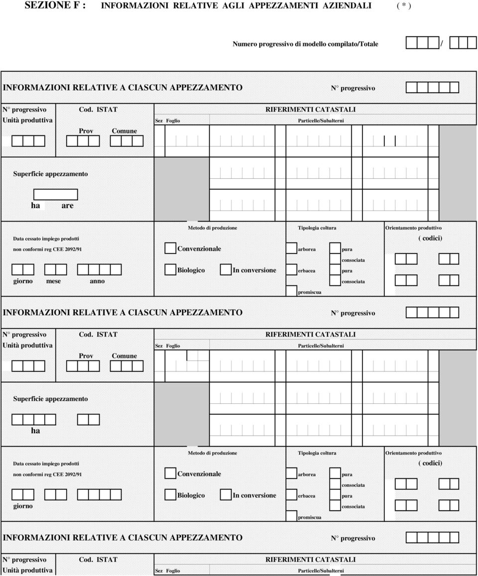 impiego prodotti non conformi reg CEE 09/9 Convenzionale arborea pura consociata Biologico In conversione erbacea pura giorno mese anno consociata promiscua ( codici) INFORMAZIONI RELATIVE A CIASCUN