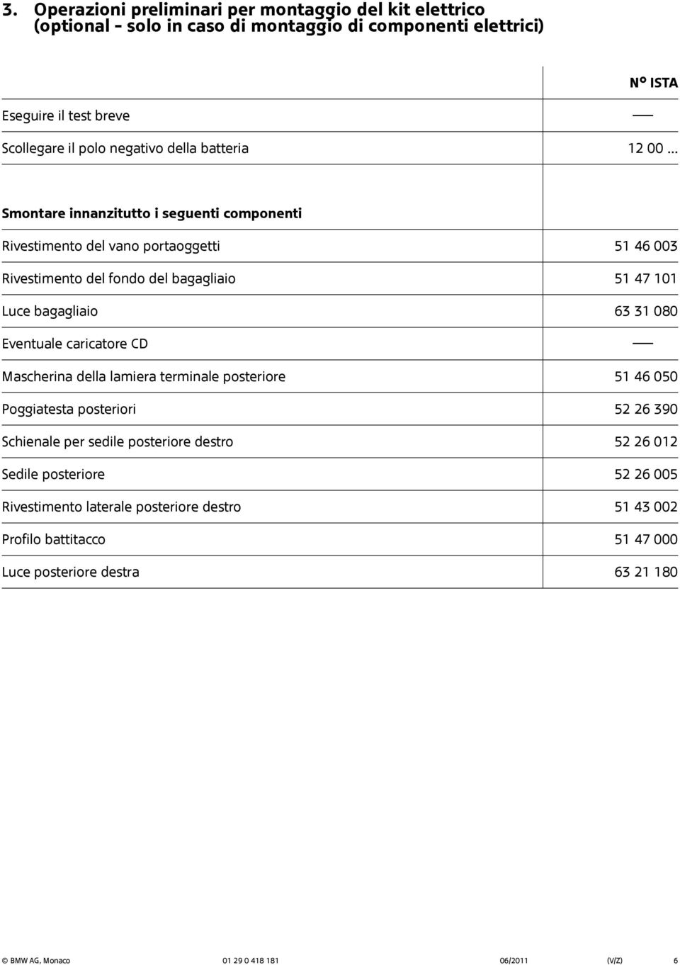 .. Smontare innanzitutto i seguenti componenti Rivestimento del vano portaoggetti 5 46 003 Rivestimento del fondo del bagagliaio 5 47 0 Luce bagagliaio 63 3 080 Eventuale