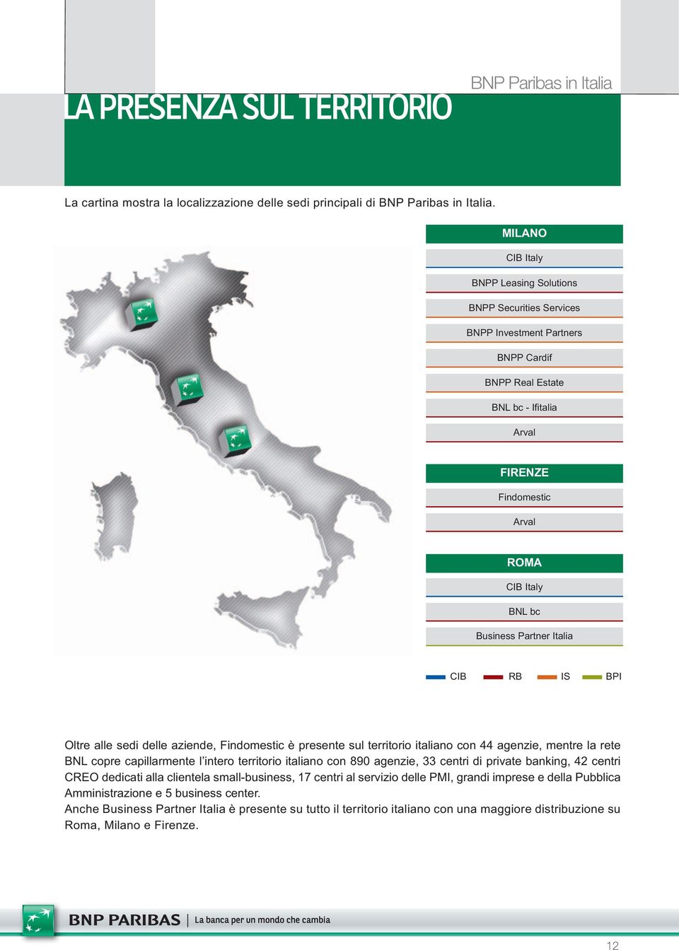 Partner Italia CIB RB IS BPI Oltre alle sedi delle aziende, Findomestic è presente sul territorio italiano con 44 agenzie, mentre la rete BNL copre capillarmente l intero territorio italiano con 890