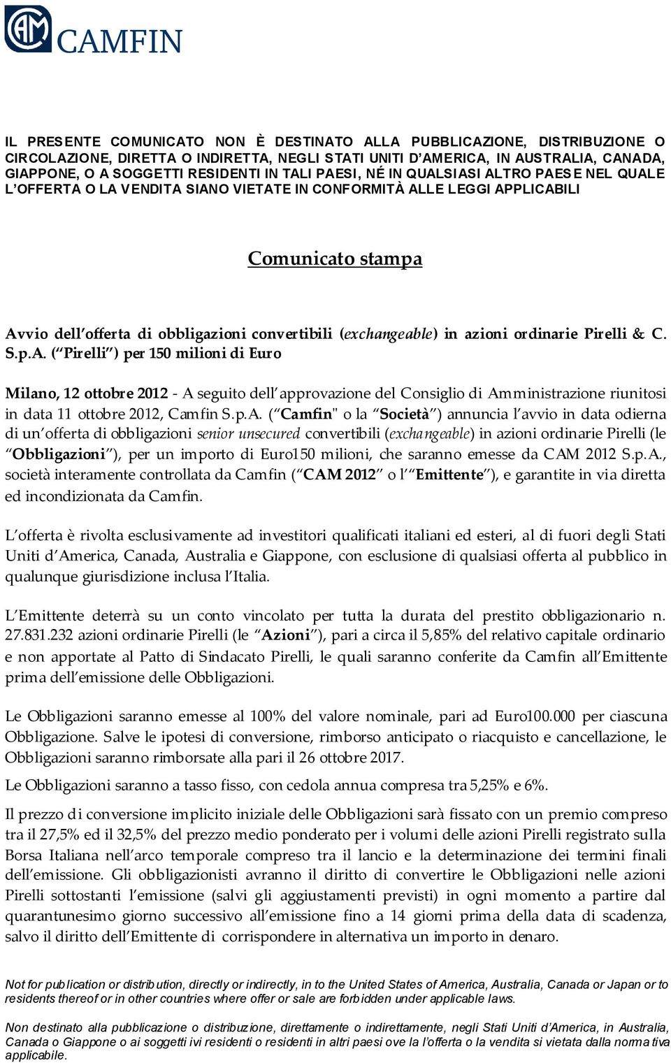 (exchangeable) in azioni ordinarie Pirelli & C. S.p.A.