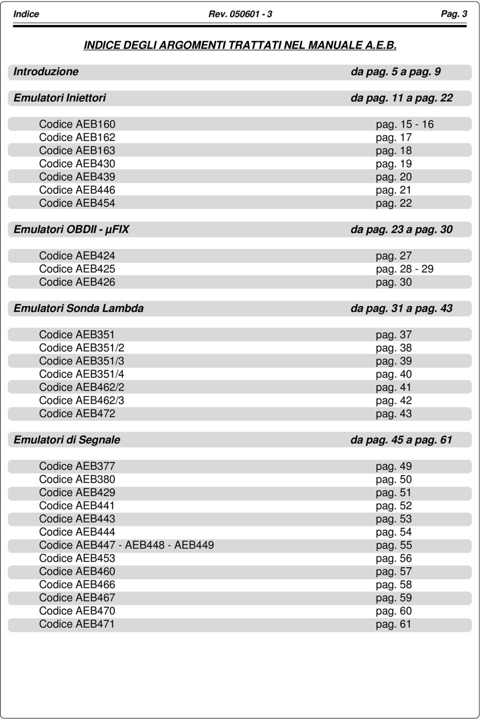 28-29 Codice AEB426 pag. 30 Emulatori Sonda Lambda da pag. 31 a pag. 43 Codice AEB351 pag. 37 Codice AEB351/2 pag. 38 Codice AEB351/3 pag. 39 Codice AEB351/4 pag. 40 Codice AEB462/2 pag.