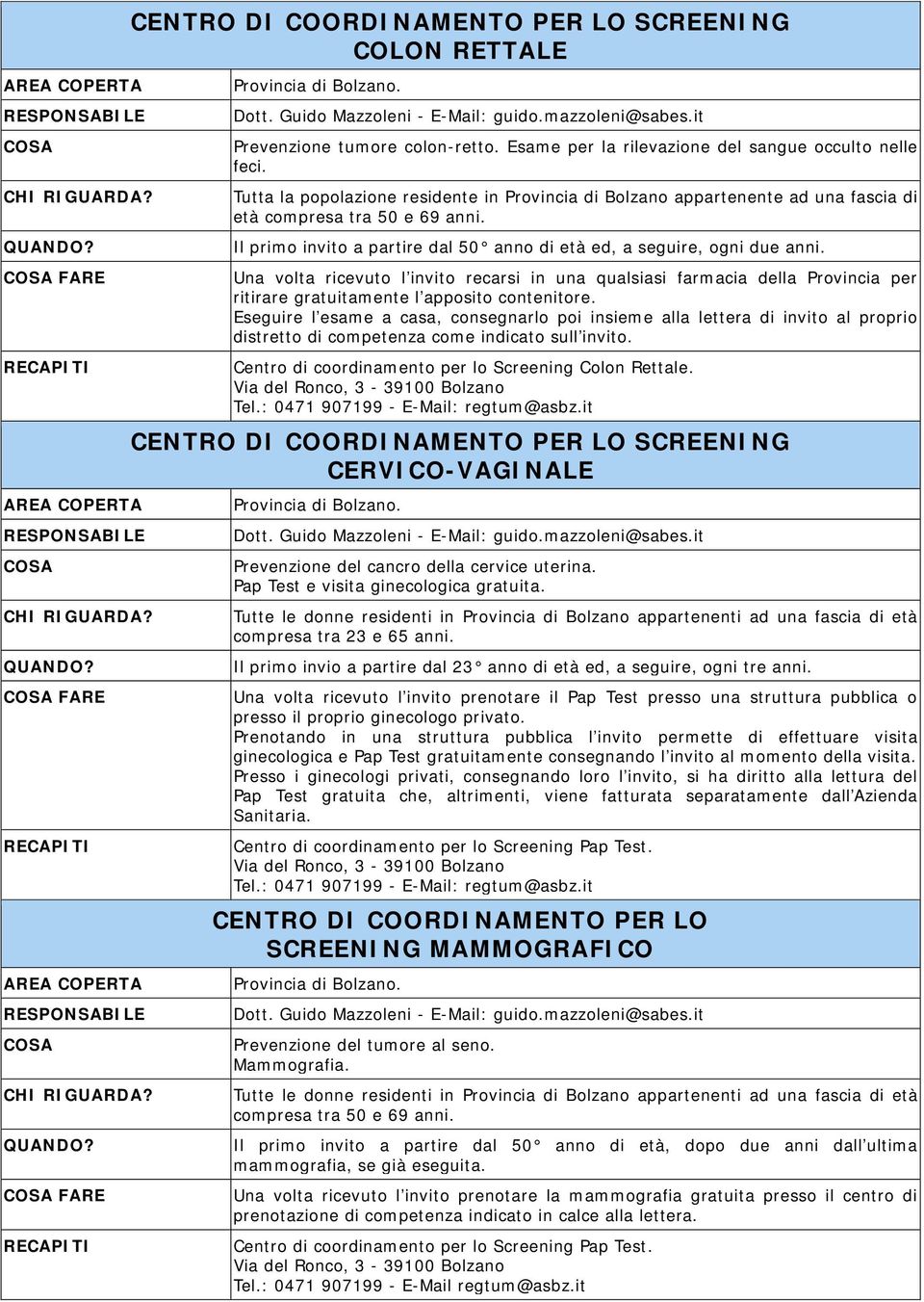 Tutta la popolazione residente in Provincia di Bolzano appartenente ad una fascia di età compresa tra 50 e 69 anni. Il primo invito a partire dal 50 anno di età ed, a seguire, ogni due anni.