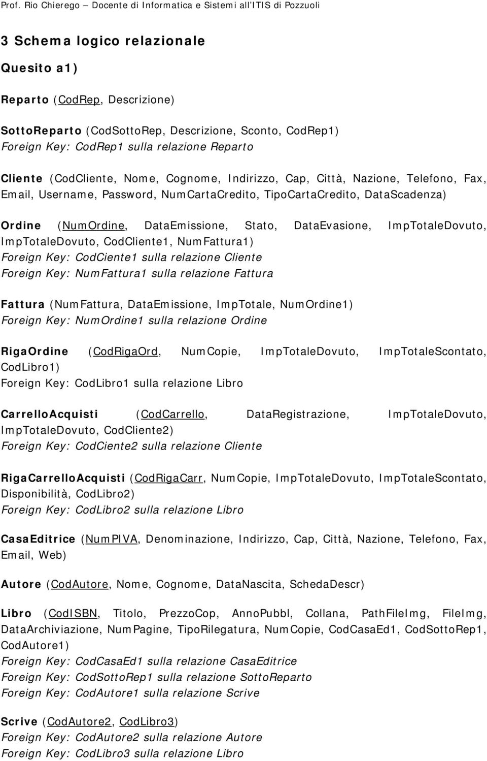 ImpTotaleDovuto, ImpTotaleDovuto, CodCliente, umfattura) Foreign Key: CodCiente sulla relazione Cliente Foreign Key: umfattura sulla relazione Fattura Fattura (umfattura, DataEmissione, ImpTotale,