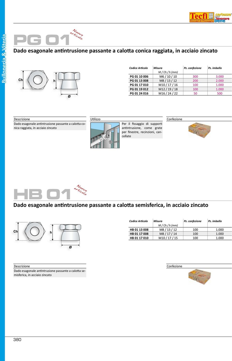 000 PG 01 24 016 16 / 24 / 22 50 500 Dado esagonale antintrusione passante a calotta conica raggiata, in acciaio zincato Utilizzo Per il fissaggio di supporti antintrusione, come grate per finestre,