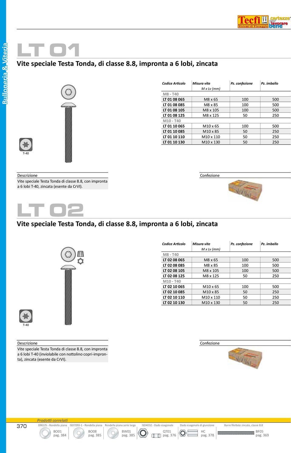 50 250 LT 01 10 110 10 x 110 50 250 LT 01 10 130 10 x 130 50 250 T-40 Vite speciale Testa Tonda di classe 8.8, con impronta a 6 lobi T-40, zincata (esente da CrVI).