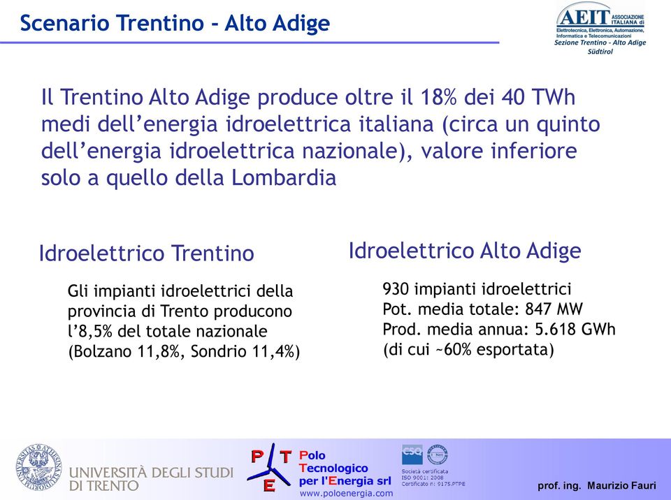 Gli impianti idroelettrici della provincia di Trento producono l 8,5% del totale nazionale (Bolzano 11,8%, Sondrio 11,4%)