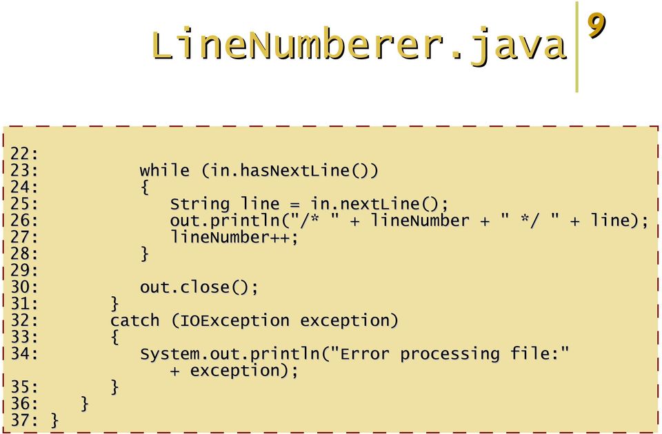 println("/* " + linenumber + " */ " + line); 27: linenumber++; 28: } 29: 30: