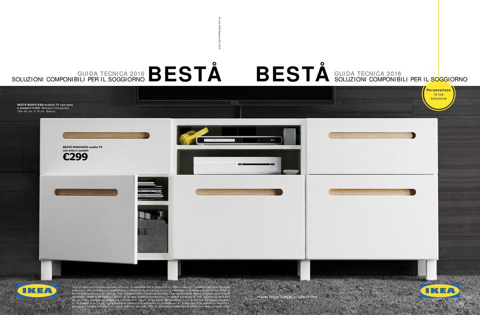 cassetti 299. Maniglie incorporate. 180 42 cm, h 74 cm. Bianco. BESTÅ MARVIKEN mobile TV con ante e cassetti 299 Tutti gli elementi vengono venduti smontati. E possibile che in negozio e su IKEA.