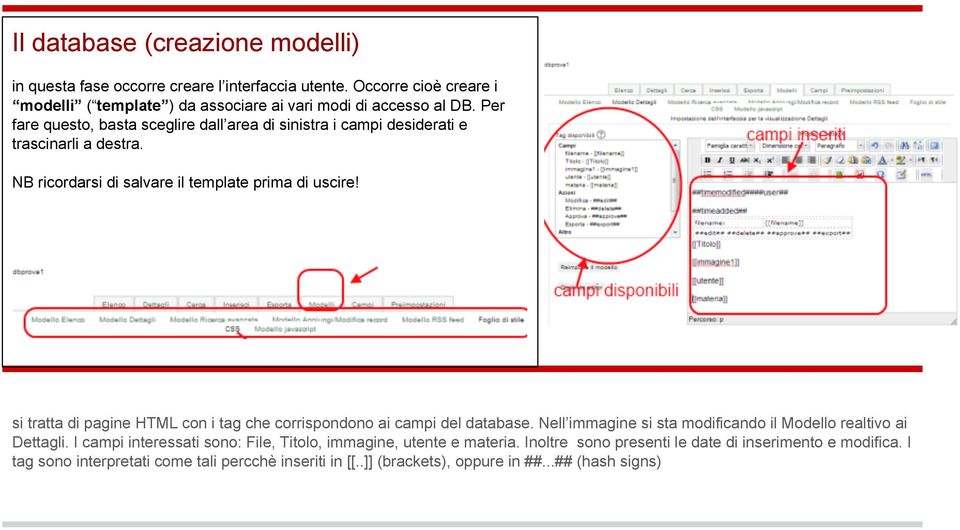 si tratta di pagine HTML con i tag che corrispondono ai campi del database. Nell immagine si sta modificando il Modello realtivo ai Dettagli.