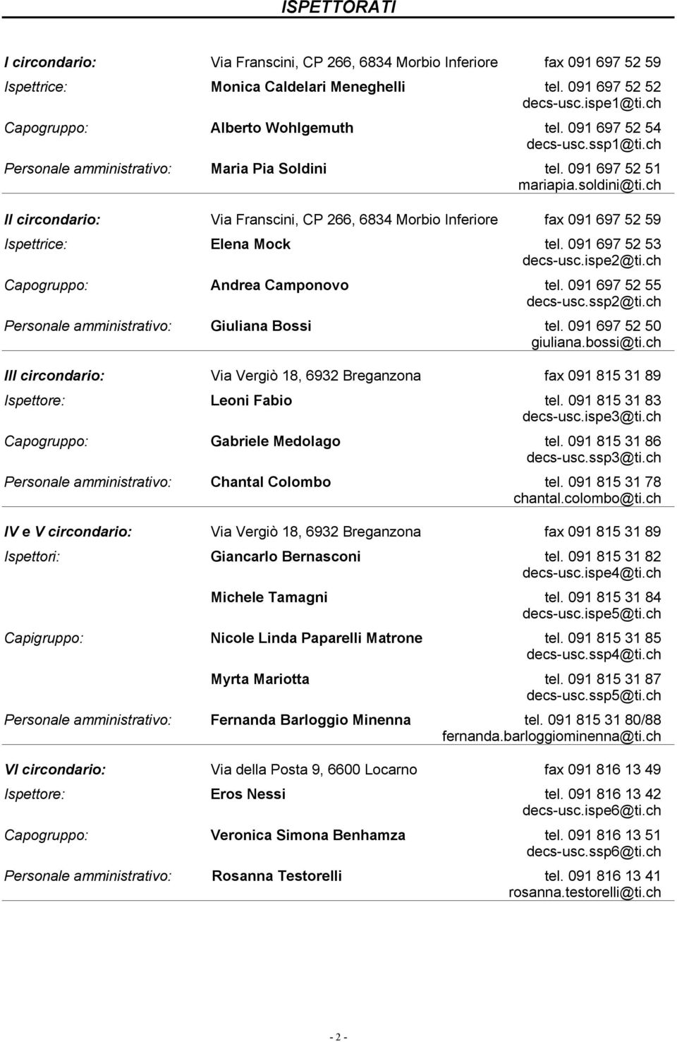 ch II circondario: Via Franscini, CP 266, 6834 Morbio Inferiore fax 091 697 52 59 Ispettrice: Elena Mock tel. 091 697 52 53 decs-usc.ispe2@ti.ch Capogruppo: Andrea Camponovo tel.