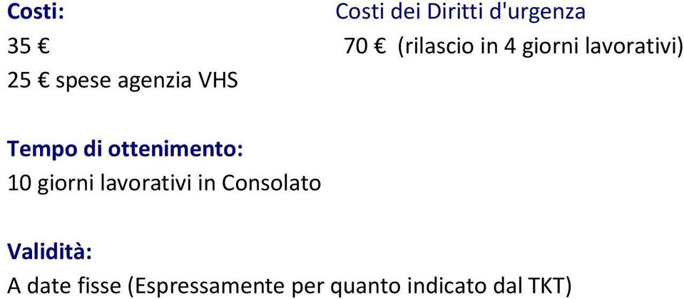 ottenimento: 10 giorni lavorativi in Consolato