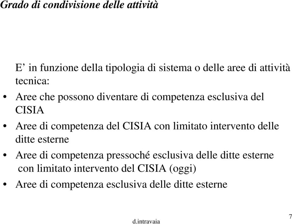 del CISIA con limitato intervento delle ditte esterne Aree di competenza pressoché esclusiva delle