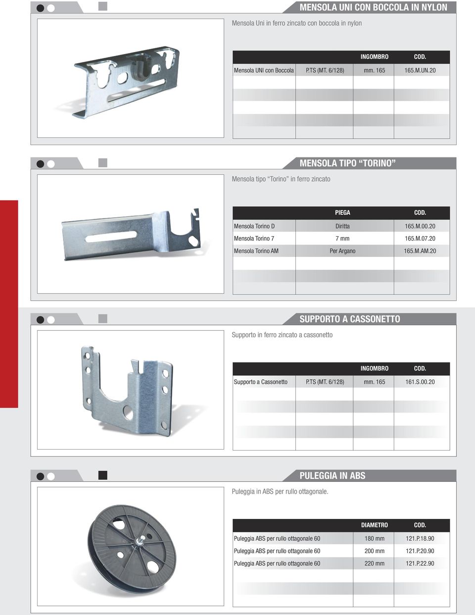 TS (MT. 6/128) mm. 165 161.S.00.20 Puleggia in ABS per rullo ottagonale. PULEGGIA IN ABS DIAMETRO Puleggia ABS per rullo ottagonale 60 180