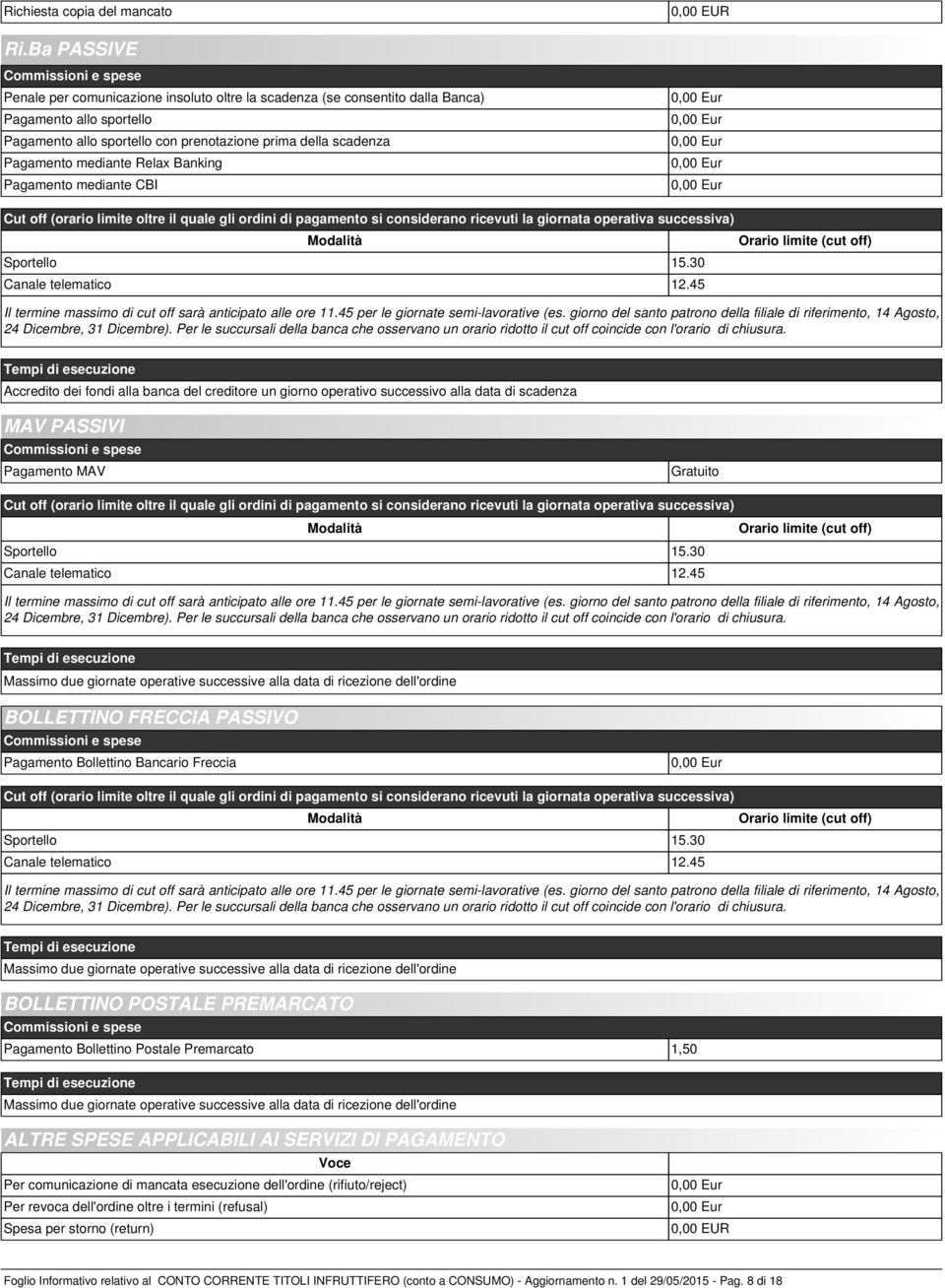 Pagamento mediante Relax Banking Pagamento mediante CBI Cut off (orario limite oltre il quale gli ordini di pagamento si considerano ricevuti la giornata operativa successiva) Modalità Sportello 15.