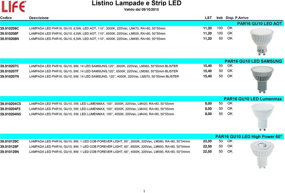 910208N LAMPADA LED PAR16, GU10, 6,5W, LED AOT, 110, 4000K, 220Vac, LM490, RA>80, 50*55mm 11,20 50 OK LST Imb Disp. P.Arrivo PAR16 GU10 LED AOT 39.