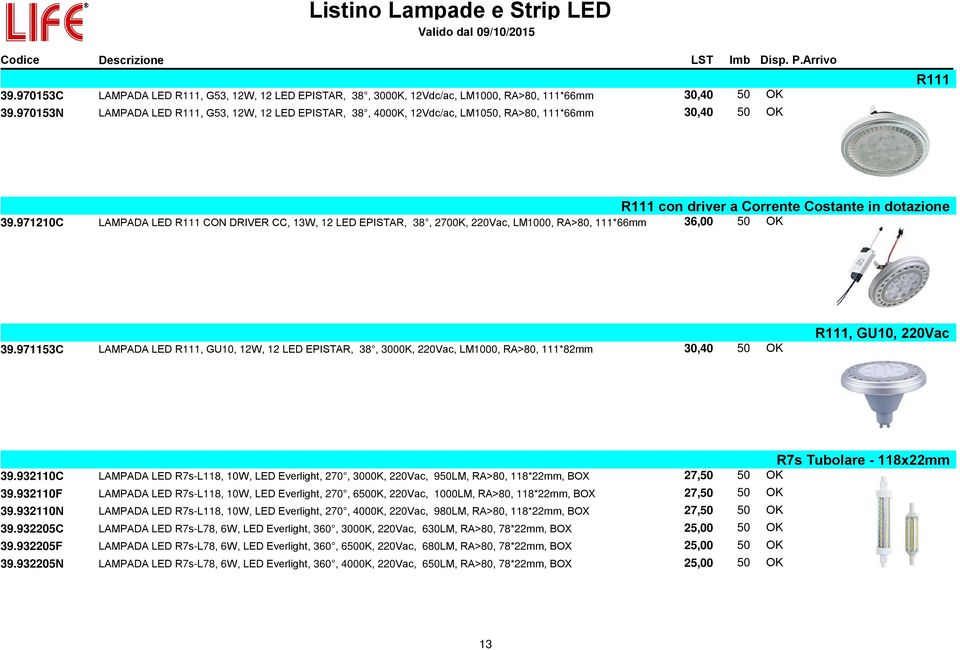 971210C LAMPADA LED R111 CON DRIVER CC, 13W, 12 LED EPISTAR, 38, 2700K, 220Vac, LM1000, RA>80, 111*66mm 36,00 50 OK 39.