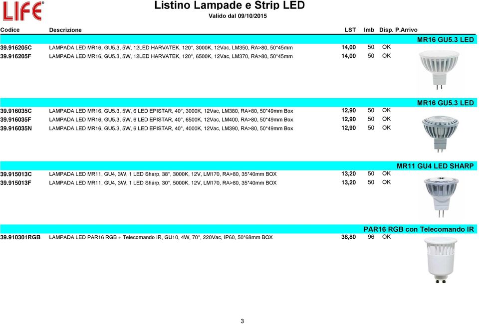 3, 5W, 6 LED EPISTAR, 40, 3000K, 12Vac, LM380, RA>80, 50*49mm Box 12,90 50 OK 39.916035F LAMPADA LED MR16, GU5.3, 5W, 6 LED EPISTAR, 40, 6500K, 12Vac, LM400, RA>80, 50*49mm Box 12,90 50 OK 39.