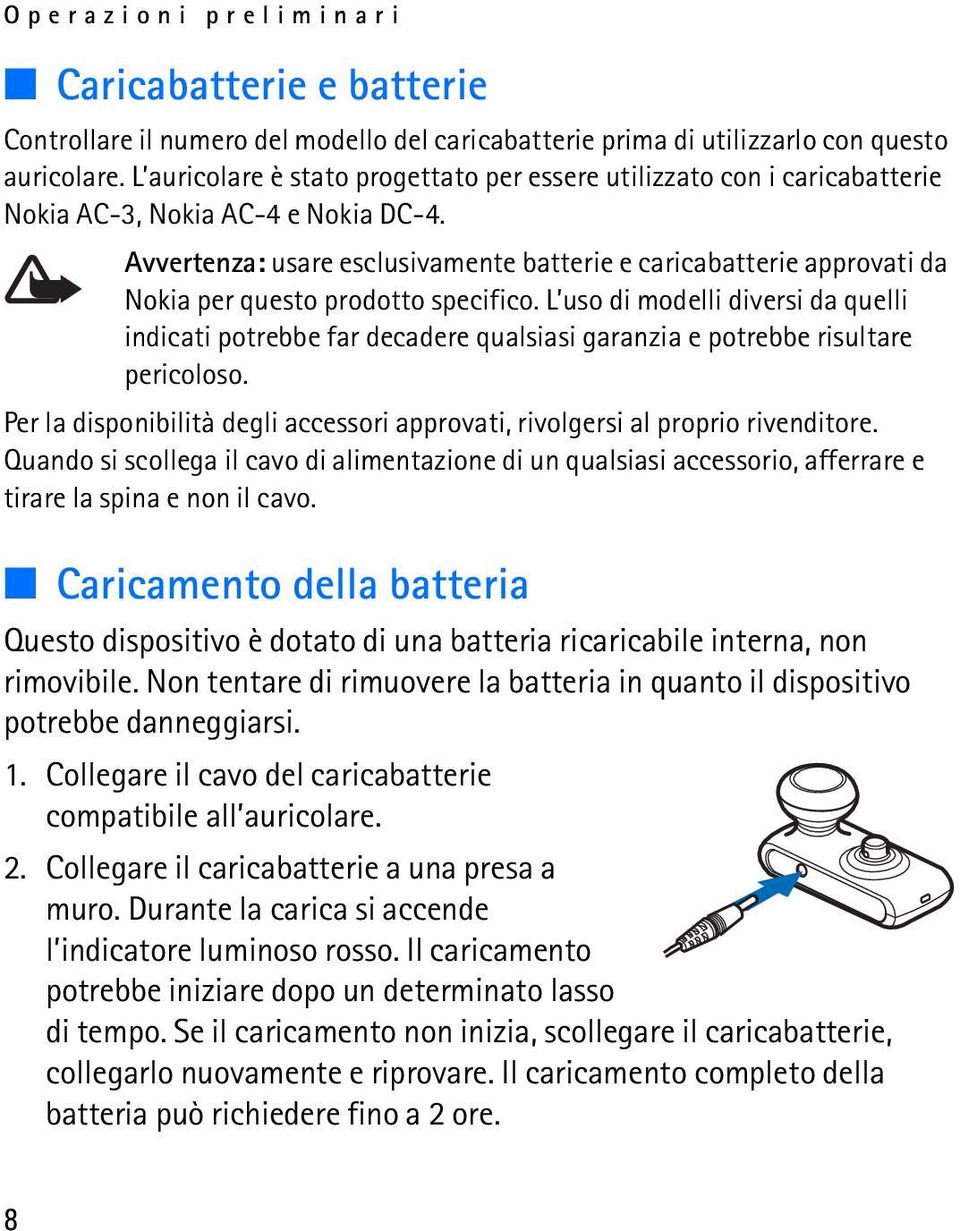 Avvertenza: usare esclusivamente batterie e caricabatterie approvati da Nokia per questo prodotto specifico.