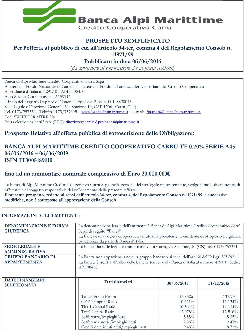 aderente al Fondo di Garanzia dei Depositanti del Credito Cooperativo Albo Banca d Italia n. 4291.10 - ABI n. 08450 Albo Società Cooperative n. A159716 Ufficio del Registro Imprese di Cuneo C.